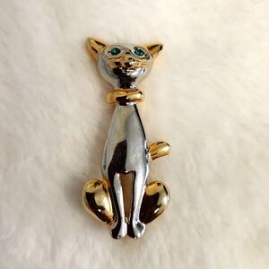 Cat Brooch Gold & Silver Tone Green Rhinestone Eyes Vintage MCM Cat Brooch.